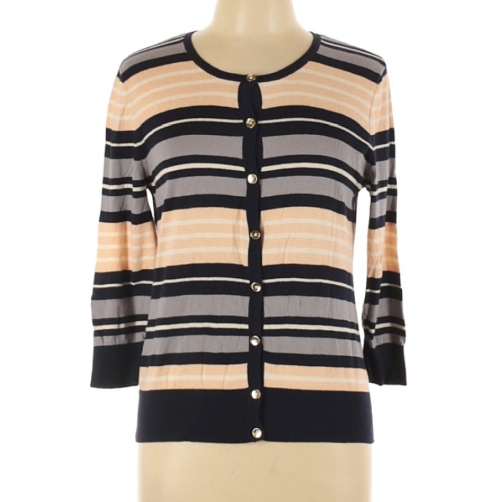 Ann Taylor Peach Blue White Striped Cardigan